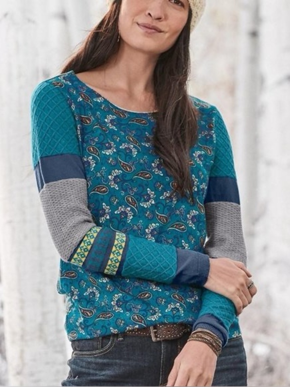 Sundance Teal Paisley Patchwork Long Sleeve Top XL – Boho Cottagecore Soft Knit